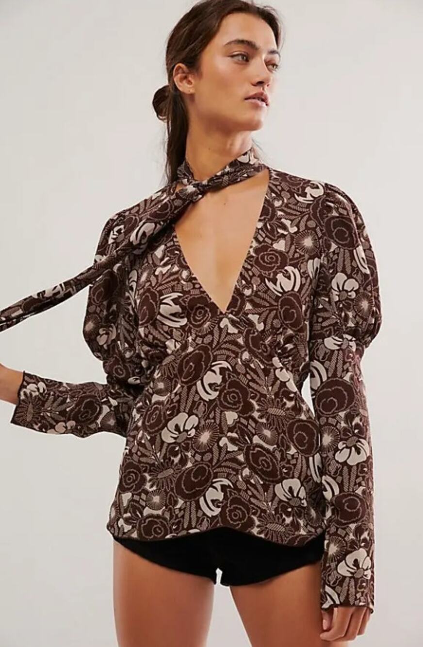 NWT Anna Sui x Free People Bloomsbury Blouse Top 12 Brown Floral Neck Tie Boho